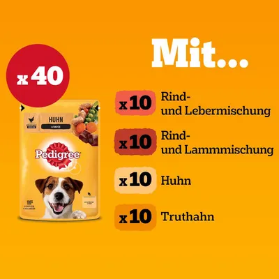 Pedigree pakiranje pseće hrane, ukupno 40 komada: po 10 Rind- und Lebermischung, Rind- und Lammischung, Huhn, Truthahn. Tekst na njemačkom jeziku.
