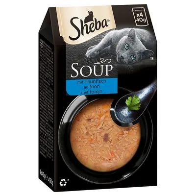 Sheba Soup mit Thunfisch, 4 x 40 g. Slika pakiranja s prikazom juhe od tune za mačke i žlicom s peršinom. Tekst na više jezika: mit Thunfisch, au thon, met tonijn.