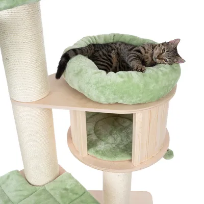 Cat lying in a green plush bed on a multi-level scratching post with sisal-wrapped poles and a lower enclosed area, demonstrating product use.