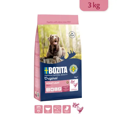 Bozita Original Adult Light hundfoder, 3 kg. Synlig text: 19 % protein, 6 % fett, för säkerhet, anpassad kalorimängd, matsmältningshälsa, vetefritt. Bild på kyckling.