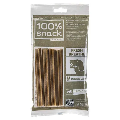 100% snack, Made in Italy. Snack vegetale per cani con alghe Ascophyllum Nodosum. Aiuta a ridurre il tartaro e migliorare l'alito. Fresh Breathe, Dental Care.