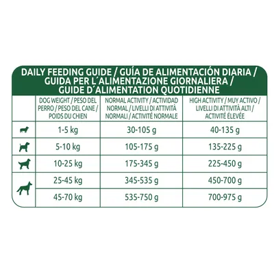 Guide d’alimentation quotidienne pour chiens : poids 1–5 kg 30–105 g, 5–10 kg 105–175 g, 10–25 kg 175–345 g, 25–45 kg 345–535 g, 45–70 kg 535–750 g, activité élevée jusqu’à 975 g.