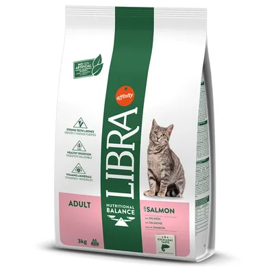 Hrană uscată pentru pisici adulte Libra by Affinity cu somon, 3 kg. Text vizibil: strong teeth & bones, healthy digestion, vitamins & minerals, excellent taste. Imagine cu o pisică pe ambalaj.