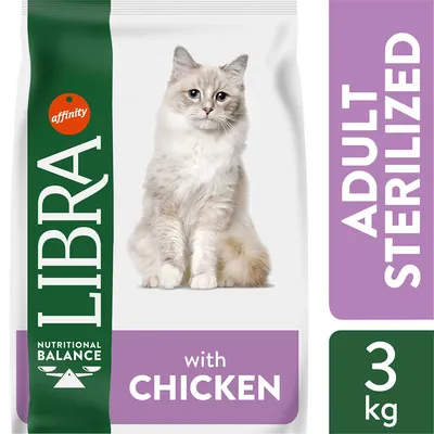Hrană pentru pisici LIBRA Nutritional Balance cu pui, ADULT STERILIZED, 3 kg. Ambalaj cu imaginea unei pisici și textul affinity.