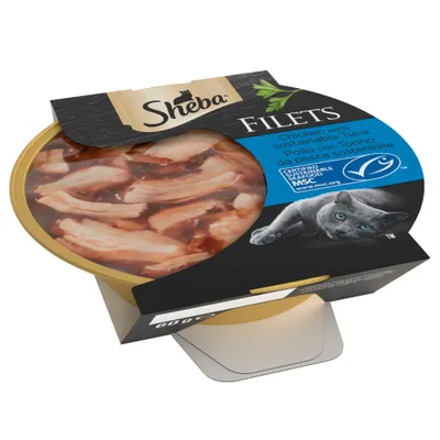 Sheba Filets, chicken with sustainable tuna, MSC certified seafood. Product packaging shows food pieces in sauce and a blue label indicating sustainability certification.