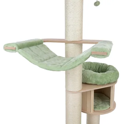Cat tree with green hammock, padded resting area and wooden cave. Sisal-wrapped posts for claw care.