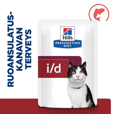 Hill's Prescription Diet i/d -kissanruokapakkaus, teksti: ruoansulatuskanavan terveys, kalan symboli yläkulmassa