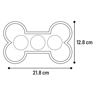 Diagram av ett benformat produkt med måtten: längd 21,8 cm och bredd 12,8 cm. Tre cirkulära urtag är synliga.