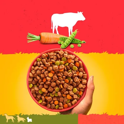 Kom met droog hondenvoer, zichtbaar wortel en erwten, witte koe-silhouet op rode achtergrond. Onderaan pictogrammen van hond en kat.