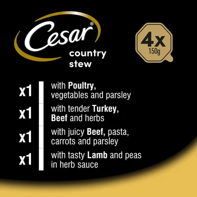 Cesar country stew pack contains 4 x 150g: one with poultry, vegetables and parsley; one with turkey, beef and herbs; one with beef, pasta, carrots and parsley; one with lamb and peas.