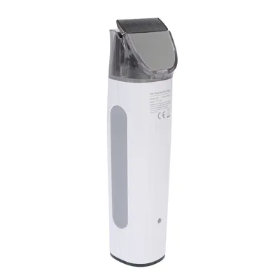 Electric pet hair clipper in white with grey handle, CE marking and model number visible on the back.