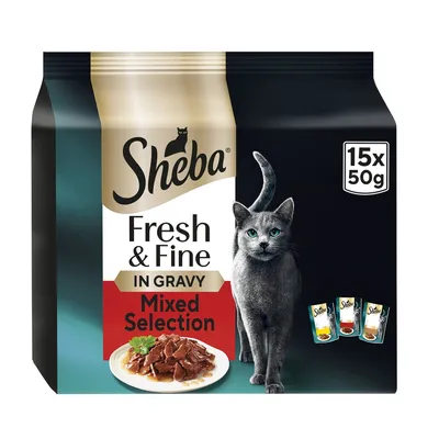 Sheba Fresh & Fine in Gravy Mixed Selection, 15 x 50g pouches shown with a plate of food and three pouch varieties visible on the packaging.
