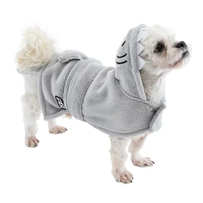 Dog wearing grey fleece coat with hood and shark design, including 'FDX' brand logo on the side.
