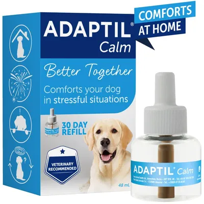 ADAPTIL Calm 30 day refill, comforts your dog in stressful situations, veterinary recommended, comforts at home. Product packaging and bottle shown, 48 ml.