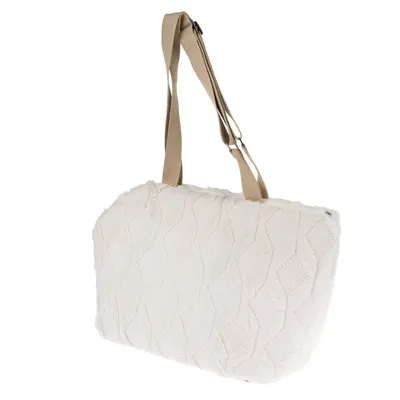 Sac de transport pour animal, tissu blanc à motif tricoté, anses réglables beiges, sans marque ni texte visible.