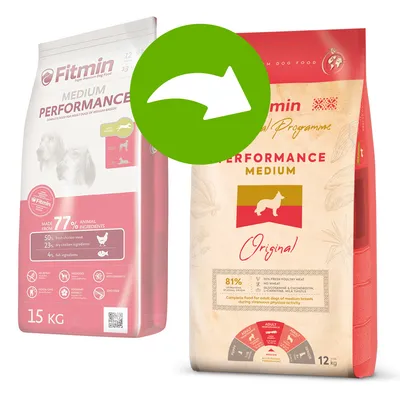 Fitmin Medium Performance храна за кучета, 15 кг опаковка със 77% животински съставки. Нова опаковка Fitmin Original Medium Performance, 12 кг с 81% прясно птиче месо.
