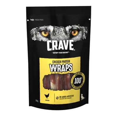 Crave chicken protein wraps, made with 100% fresh chicken fillet, no added artificial colours or flavours, 50g pack.