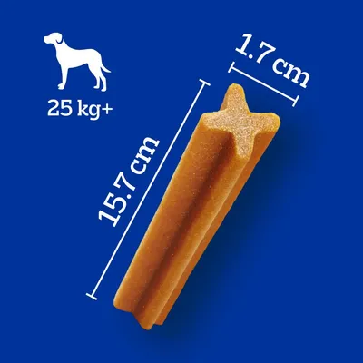 Chew stick shown with dimensions 15.7 cm long and 1.7 cm wide, suitable for pets weighing over 25 kg as indicated by icon and text.