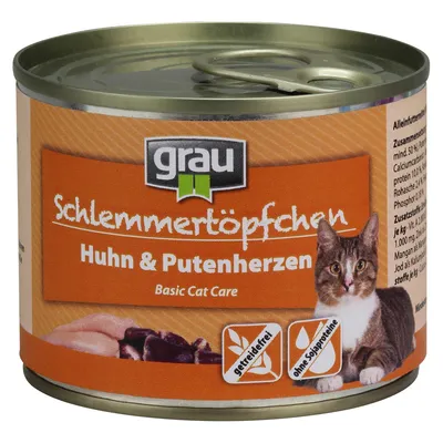 Konzerve za mačke grau Schlemmertöpfchen Huhn & Putenherzen, Basic Cat Care, s natpisima 'getreidefrei' i 'ohne Sojaproteine', slika mačke na pakiranju.