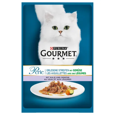 Purina Gourmet Perle cat food with veal and vegetables, packaging shows white cat and plate of food. Text in German and French: Erlesene Streifen mit Gemüse, Mit Kalb und Gemüse.