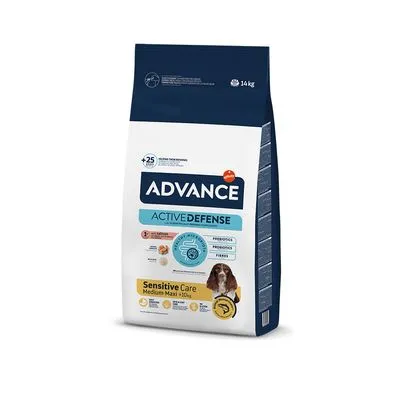 Zak Advance Active Defense Sensitive Care Medium Maxi hondenvoer, 14 kg. Tekst op verpakking: prebiotica, probiotica, vezels. Afbeelding van hond en voedingspictogrammen zichtbaar.