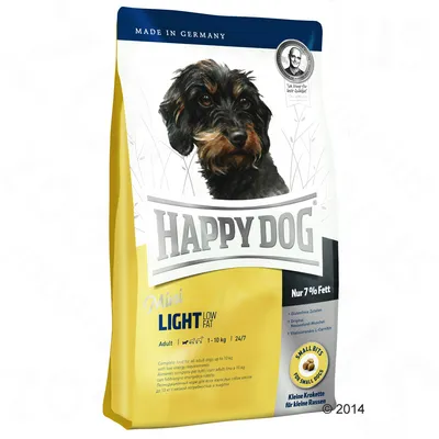 Balenie krmiva Happy Dog Mini Light Low Fat, vyobrazený pes, nápisy: Made in Germany, Nur 7 % Fett, Small Bits for small dogs, Adult 1–10 kg, Kleine Krokette für kleine Rassen.