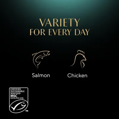 Variety for every day with salmon and chicken options. Certified sustainable seafood MSC logo shown.