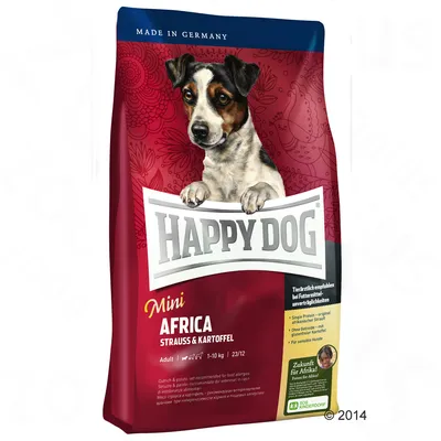Confezione di crocchette Happy Dog Mini Africa Strauss & Kartoffel per cani adulti 1–10 kg. Testo visibile: Made in Germany, Tierärztlich empfohlen, Zukunft für Afrika!