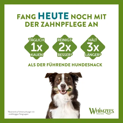 Fang heute mit der Zahnpflege an. Täglich 1x kauen, reinigt 2x besser, hält 3x länger als führender Hundesnack. Whimzees Wellness.