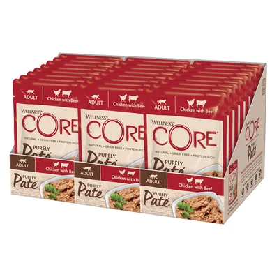 Wellness CORE Purely Paté Adult, Chicken with Beef, natürlich, getreidefrei, proteinreich. Verpackung mit mehreren Portionsbeuteln sichtbar.
