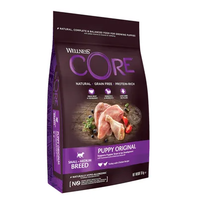 Wellness CORE Puppy Original, Small-Medium Breed, getreidefrei, proteinreich, frisches Fleisch, Präbiotika, wenig Kohlenhydrate, hypoallergen, Truthahn mit Huhn Rezept. Wellness CORE Puppy Original, Small-Medium Breed, getreidefrei, proteinreich, frisches Fleisch, Präbiotika, wenig Kohlenhydrate, hypoallergen, Truthahn mit Huhn Rezept.