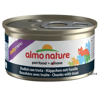 Консерва almo nature Daily Menu, pet food + amore, кусочки с форелью. Надписи на английском, итальянском, немецком и французском языках.