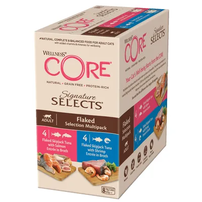 Wellness CORE Signature Selects Flaked Selection Multipack für erwachsene Katzen. 4x Skipjack Thunfisch mit Lachs, 4x Skipjack Thunfisch mit Garnelen in Brühe. Getreidefrei, proteinreich.