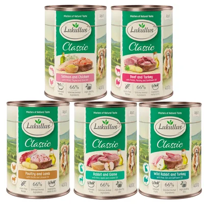Lukullus Classic comida húmeda para perros, variedades: salmón y pollo, ternera y pavo, ave y cordero, conejo y caza, conejo silvestre y pavo. Latas de 400g, 66% ingredientes animales, hierbas seleccionadas.