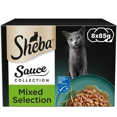 Sheba Sauce Collection Mixed Selection, 8 x 85g packs, certified sustainable seafood MSC, image of food in sauce on plate.