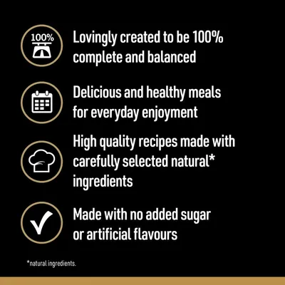 100% complete and balanced, healthy meals for everyday enjoyment, high quality recipes with natural ingredients, no added sugar or artificial flavours. Natural ingredients noted.