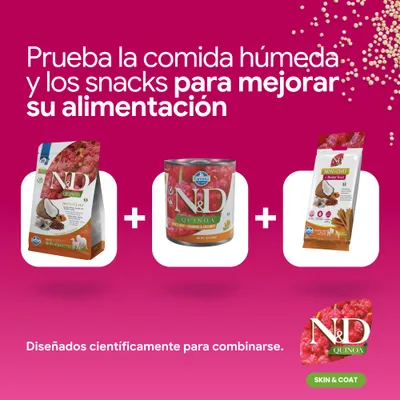 N&D Quinoa Skin & Coat pienso, comida húmeda y snack dental. Desarrollado científicamente para combinar y ofrecer una mejor nutrición. N&D Quinoa Skin & Coat pienso, comida húmeda y snack dental. Desarrollado científicamente para combinar y ofrecer una mejor nutrición.