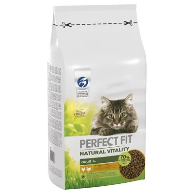 Perfect Fit Natural Vitality adult 1+ with fresh chicken, 70% protein from animal sources, visible kibble, suitable for adult pets. Key features and feeding information shown on packaging.