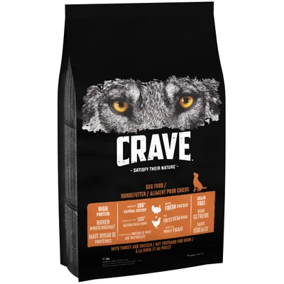Crave dog food with high protein, made with 100% natural chicken, fresh chicken, and grain free. With turkey and chicken. Key features highlighted on front of packaging.