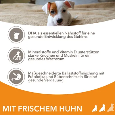 DHA für gesunde Gehirnentwicklung, Mineralstoffe und Vitamin D für Knochenwachstum, Ballaststoffe mit Präbiotika für Verdauung. Mit frischem Huhn.