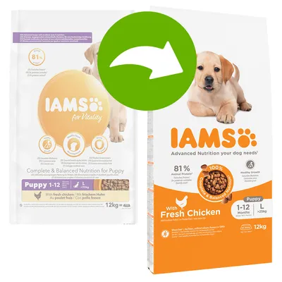 Två förpackningar IAMS hundfoder för valp, 12 kg. Text: 'Puppy 1–12', '81 % Animal Protein', 'With Fresh Chicken', 'Complete & Balanced Nutrition'. Grön pil mellan förpackningarna.