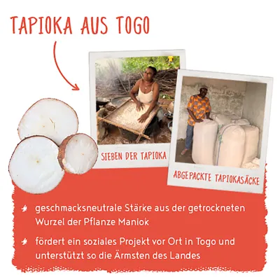 Tapioka aus Togo: Sieben der Tapioka, abgepackte Tapiokasäcke. Geschmacksneutrale Stärke aus Maniokwurzel, unterstützt soziales Projekt für die Ärmsten in Togo. Tapioka aus Togo: Sieben der Tapioka, abgepackte Tapiokasäcke. Geschmacksneutrale Stärke aus Maniokwurzel, unterstützt soziales Projekt für die Ärmsten in Togo.