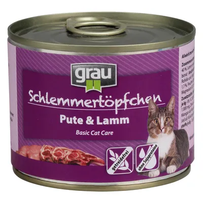 grau Schlemmertöpfchen Pute & Lamm Basic Cat Care kattemad dåse, tekst: getreidefrei, ohne Sojaproteine, billede af kat og kød på etiketten