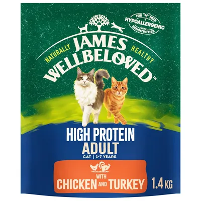 High protein adult cat food for 1-7 years, hypoallergenic with chicken and turkey, 1.4 kg pack, suitable for pets with sensitivities.