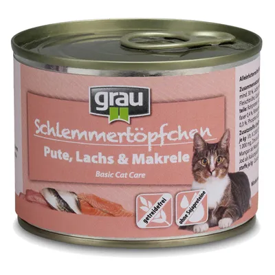 grau Schlemmertöpfchen Pute, Lachs & Makrele Basic Cat Care dåsemad til kat. Tekst: getreidefrei, ohne Sojaproteine. Billede af kat og fisk på emballagen.