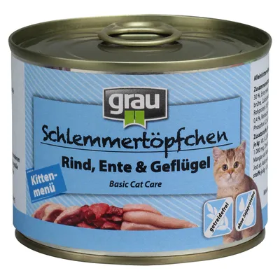 Консерва grau Schlemmer­töpfchen Rind, Ente & Geflügel Kitten-menü Basic Cat Care; снимка на коте и месо; надписи: getreidefrei, ohne Sojaproteine. Текстът е на немски.