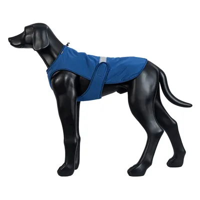 Figura de modelo de perro negro lleva un arnés azul para perro con tira reflectante y cierre de velcro ajustable.