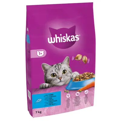Whiskas dry food packaging showing a grey cat, blue bowl of kibble, tuna flavour label, and '1+' age indicator. Pack weight is 7kg.