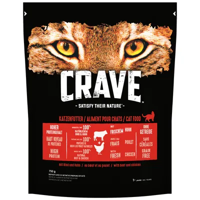 Crave cat food with high protein, made with 100% natural beef and chicken, with fresh chicken, grain free. Text in English, German and French. For cats aged 1 year and above.