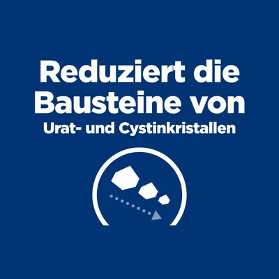 Reduziert die Bausteine von Urat- und Cystinkristallen. Symbolische Darstellung mit Kristallformen und Pfeil.